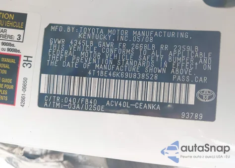 2009 Toyota Camry Le z USA, uszkodzony, nr VIN 4T1BE46K69U838528